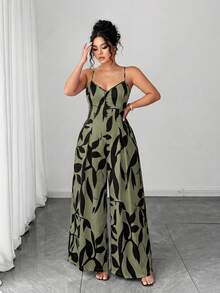 Elenzga Bộ jumpsuit nữ cỡ lớn thanh lịch in hoa, dây đeo có thể điều chỉnh, eo thắt, thích hợp cho đầu mùa xuân. - Màu xanh lá cây đậm - Xem 6