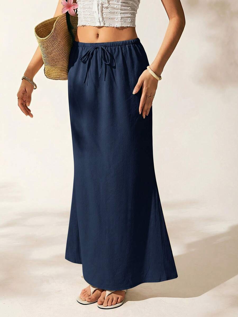 Easelle Women's Summer Solid Color Drawstring Waist Fishtail Skirt, Navy Blue - Navy Blue - View 1