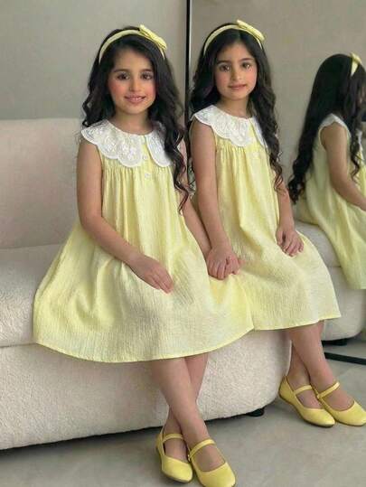  SHEIN 女童甜美时尚撞色蕾丝领公主风连衣裙；甜美荷叶边领，蓬松裙摆；时尚无袖公主裙。儿童提花连衣裙，女童正式黄色连衣裙，女童黄色碎花连衣裙，女童柠檬黄连衣裙