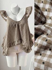 Sweetra New Summer Pink Plaid Asymmetrical Ruffle Design Fashionable Sleeveless Camisole - Coffee Brown - View 1