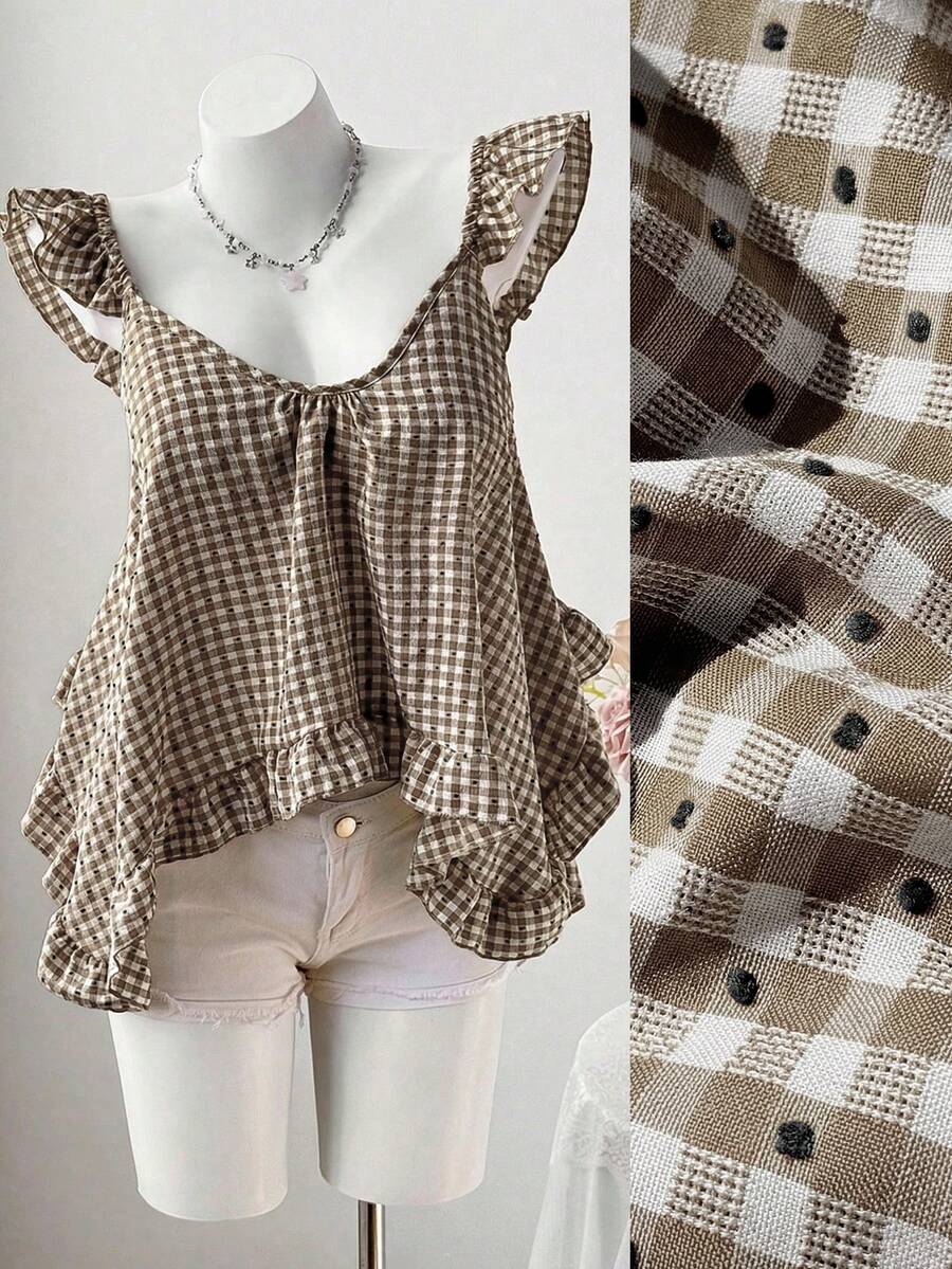 Sweetra New Summer Pink Plaid Asymmetrical Ruffle Design Fashionable Sleeveless Camisole - Coffee Brown - View 1