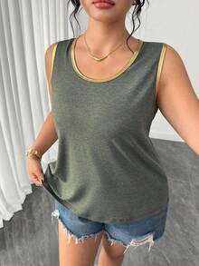 SHEIN Tall CURVE 大码女式优雅休闲假日橄榄绿无袖沙滩日常撞色金属面料宽松弹力吊带衫 - 橄欖綠 - 查看 5