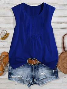 Linhara Plus Size Women Round Neck Button-Up Shirt, Spring/Summer - Royal Blue - View 8