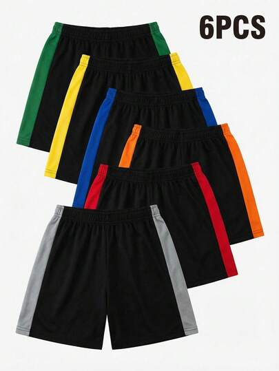 SHEIN 6pcs Young Boys' Colorblock Casual Comfortable Knit Shorts Set, Suitable For Summer Outdoor, Sports, Vacation