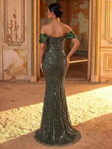 Glamrae Elegante y lujoso vestido de sirena de satén con bordado de flores, hombros descubiertos, mangas, cuentas y cristales, adecuado para bodas, fiestas, vacaciones, galas y eventos formales (con mucho bordado) - Verde militar - Ver 3
