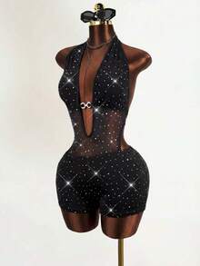 BamGleam Women's Rhinestone Mesh Deep V Halter Sexy Romper - Black - View 4