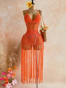 Soleia 春夏新款休闲度假西部海滩婚礼宾客着装毕业早午餐圣帕特里克节春假复活节音乐节优雅波西米亚热带风情橙色性感镂空露背流苏女式毛衣连衣裙 - 橘色 - 查看 4