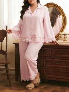 Côtesoire Conjunto de pijama de talla grande con frente abierto, burbujas y textura arrugada - Rosa - Ver 6