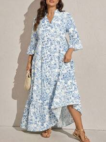 SHEIN CURVE+ Đầm đi biển tay loe xếp tầng in hoa cỡ lớn dành cho nữ, trang phục đi nghỉ mát, đầm hè cho nữ, đầm maxi xanh trắng, đầm maxi hoa xanh, đầm maxi xếp tầng, quần áo mùa thu cho nữ, trang phục học sinh, trang phục đồng quê cho nữ, trang phục giáo viên cho nữ, trang phục đồng quê cho nữ, quần áo mùa thu cho nữ, trang phục mùa thu cho nữ, đầm cho nữ, trang phục thường ngày. - Nhiều màu - Xem 4