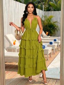 SHEIN Lady Women Olive Green Summer Casual Boho Vacation Long Dress, Ruffle Skirt Beach Outfits, Graduation Dresses - Green - View 8