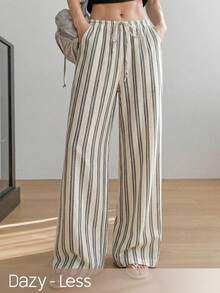Dazy-Less Pantalones casuales de mujer con cintura con cordón y rayas de verano - Blanco y Negro - Ver 1