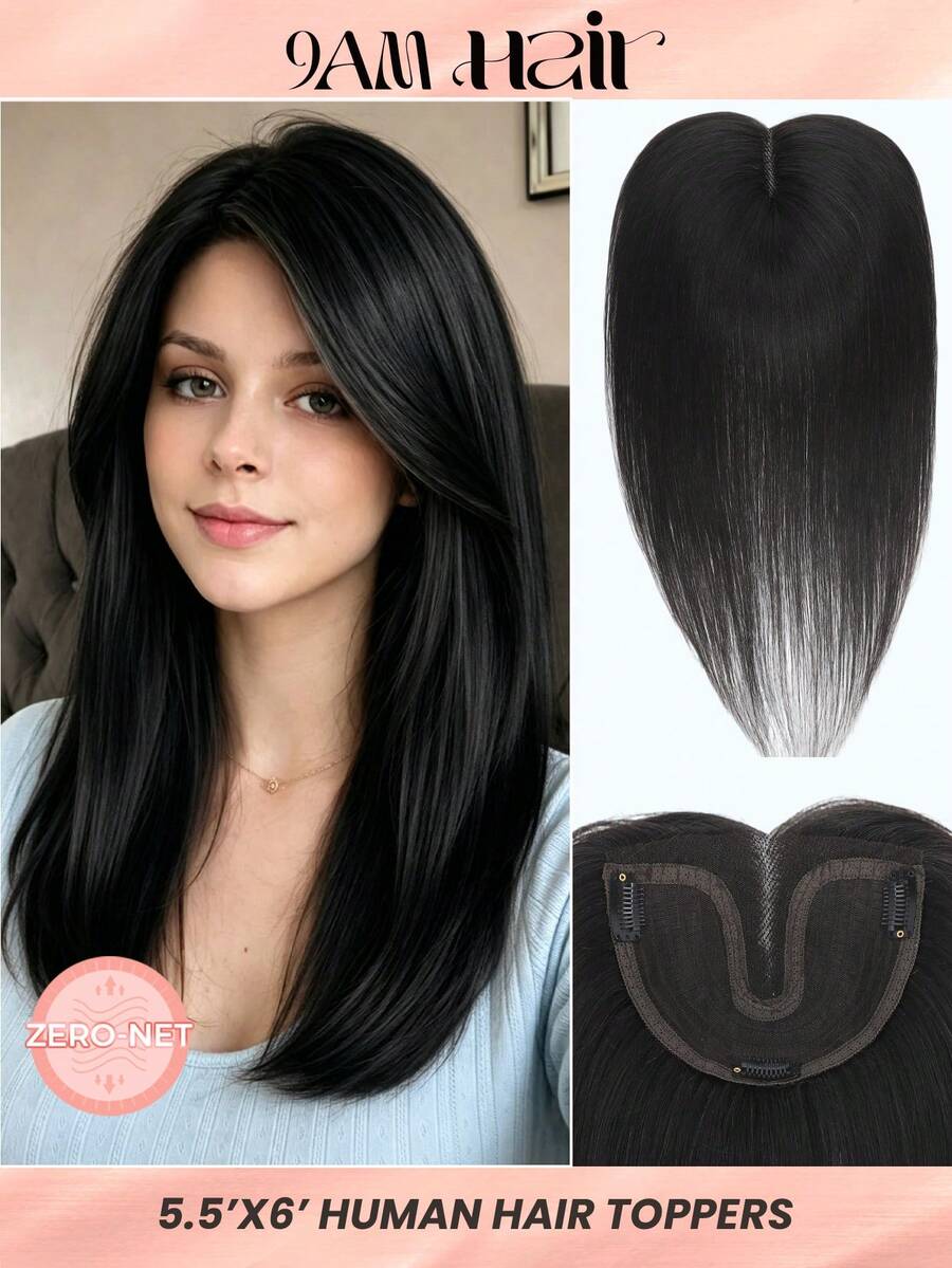 ZERO-NET 16inch Hair Toppers For Women Real Human Hair Pieces For Women With Thinning Hair Black Straight Hair Topper - SNatural - View 1