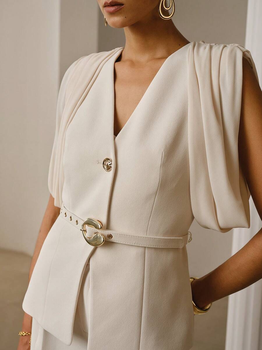PREMIUM ÁO BLAZER TAY NGẮN CÀI MỘT HÀNG CÚC NHÚN - Màu be - Xem 2