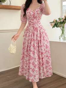 Feyla Nuevo vestido elegante y ajustado con volantes con estampado floral en el bajo, estilo romántico de vacaciones, color rosa - Multicolor - Ver 1