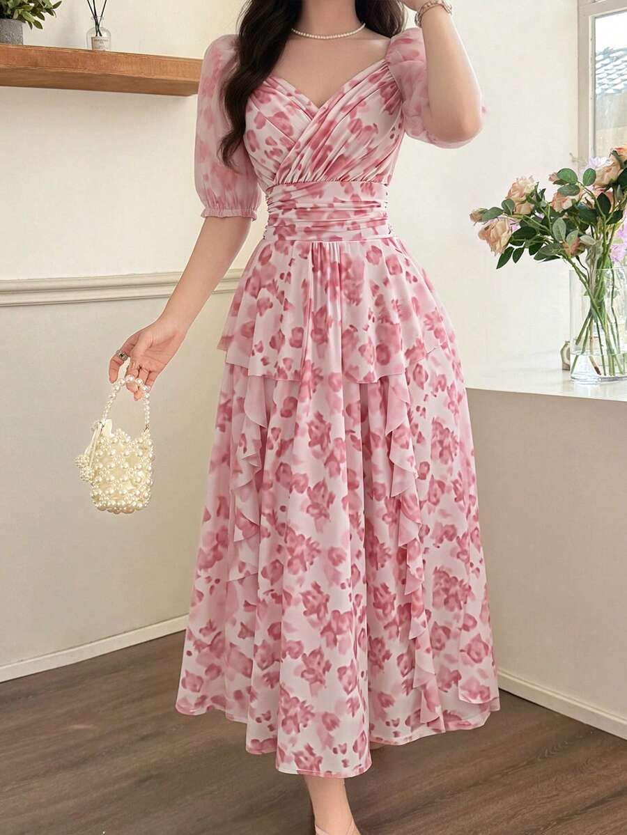 Feyla Nuevo vestido elegante y ajustado con volantes con estampado floral en el bajo, estilo romántico de vacaciones, color rosa - Multicolor - Ver 1