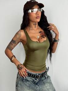 Coolane 女士春夏节日街头复古Y2K基础款翻领弹力背心 - 軍綠色 - 查看 5