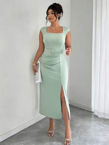Elenzga Plus Size Women's Summer Sleeveless Square Neck Ruched Metal Buckle Slit Bodycon Dress, Commuting & Office Wear - Green - View 3