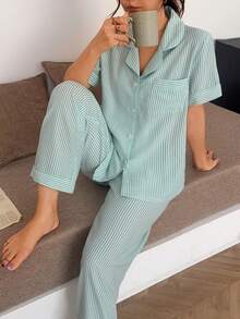 SHEIN Striped Lapel Short Sleeve Pajama Set For Women - Mint Green - View 5