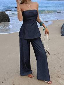 DAZY Women's Casual Denim Set With Asymmetric Hem Tube Top And Wide Leg Pants - Dark Wash - View 4