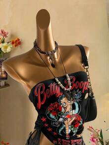 Betty Boop x SHEIN SHEIN Attitoon 休闲复古朋克 Y2K 百搭玫瑰与英伦做旧印花露脐上衣，适合音乐节、哥特风格、夏季外出 - 彩色 - 查看 4