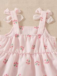 SHEIN 2件套女婴幼儿/新生儿0-3岁休闲日常可爱度假条纹蝴蝶结装饰吊带背心+短裤套装，春夏款 - 彩色 - 查看 5