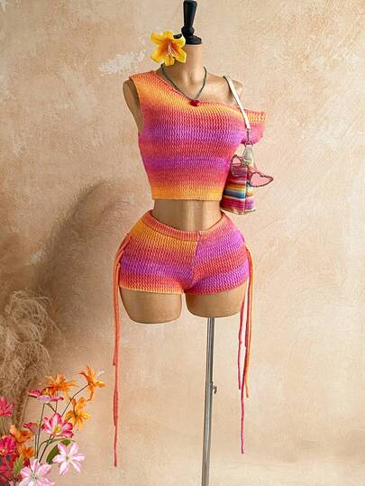 Soleia Women's Sleeveless Gradient Color Knit Top Two Pieces Set, Summer Fashion