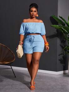 Slaydiva Conjunto de 2 peças Primavera/Verão Novo - Casual e Passeio e Férias e Passeio Diário e Festa e Encontro e Festival de Música e Jantar e Festa e Casual e Praia e Resort - Top Cropped de Manga Curta Ombro à Mostra Laranja Sólido Dopamina e Shorts Soltos com Bolso, Tecido de Textura de Malha, Plus Size - Azul petróleo - Visão 6