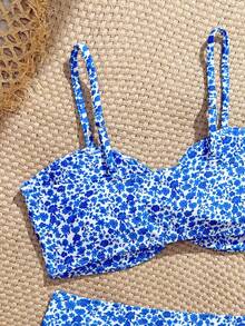 SHEIN Blue Ditsy Floral Fresh Vacation Style Twist Knot 2 Pieces Set, Suitable For Summer Beach Holiday, Swimming Pool Party - Blue - View 4