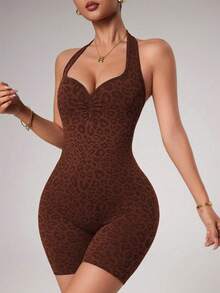 SHEIN Dewbera Bộ áo liền quần nữ không đường may họa tiết da báo, cổ yếm, hở lưng, khoét eo - Cà phê nâu - Xem 7