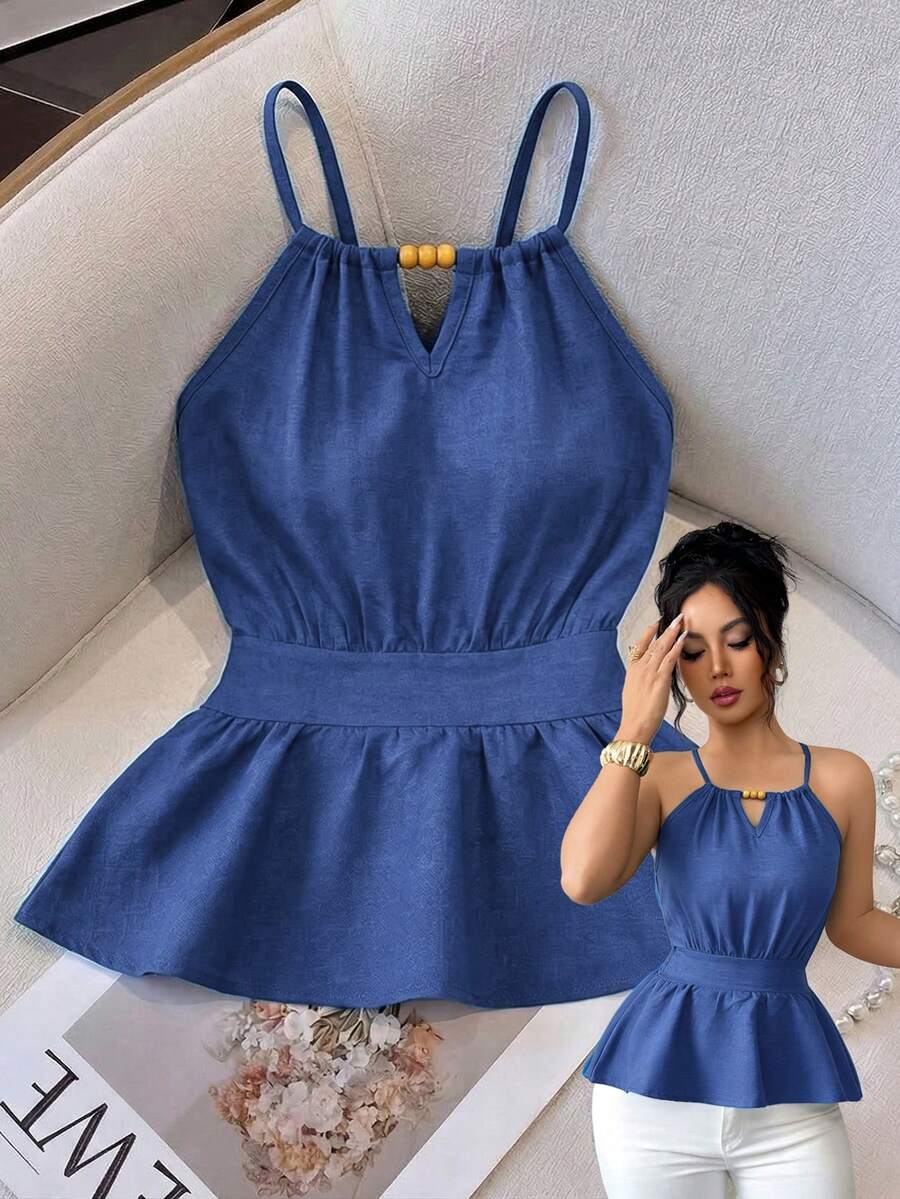 Elenzga Áo vest không tay ôm dáng thanh lịch màu xanh lá cây dành cho nữ, dây mảnh, đính hạt gỗ, thiết kế khóa kéo, thích hợp cho mùa xuân/hè. - Màu xanh lam - Xem 1