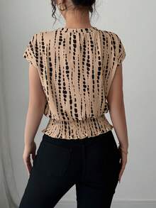 Elenzga Women's Round Neck Printed Elastic Waist T-Shirt Beige,Summer,Classy,Elegant,Work Raglan Sleeves Simple Elegant Evening Gowns Commute Wedding Season - Brown - View 2