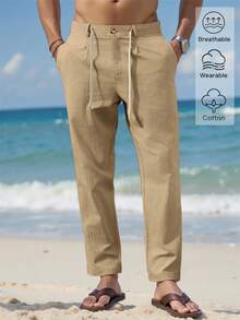 VENTUSAIL Pantalones lisos con cordón en la cintura, pantalones largos entallados de lino, lisos y frescos para salir, otoño - Caqui - Ver 5
