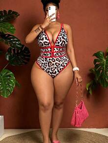Maweii Plus Size Women's Leopard Print Deep V-Neck Sexy Backless One-Piece Swimsuit, Suitable For Beach & Holiday - Multicolor - View 2