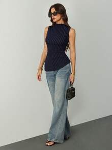 SHEIN Tall Asymmetric Hem Ruched Casual Tank Top, Suitable For Office, Commute, Business, Back To School, Teacher Outfit, Spring/Summer - Navy Blue - View 1