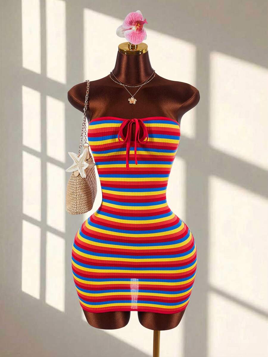 Bohemian Style Textured Fabric Cutout Bust Tie-Up Bodycon Mini Dress - Multicolor - View 1