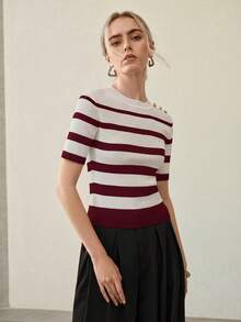 MOTF PREMIUM STRIPED PATTERN BUTTON DETAIL SLIM FIT KNIT TOP - Burgundy - View 4