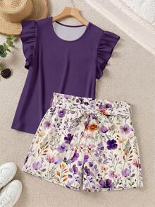 SHEIN LUNE Bộ đồ 2 mảnh cỡ lớn thanh lịch gồm áo màu trơn viền bèo nhún và quần short in họa tiết màu tím, thích hợp cho mùa hè. - Nhiều màu - Xem 1