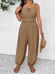 SHEIN Frenchy Plus Size Women Casual Vacation Spaghetti Strap Jumpsuits Fall - Brown - View 3