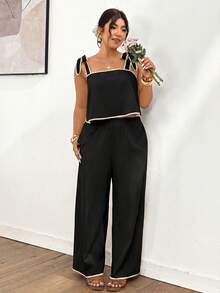 Lounesse 2pcs Contrast Color Fashionable Commuter Plus Size Women Camisole And Pants Set - Black - View 4