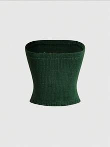 ROMWE Avant Top tube tricoté à la main de couleur forêt, style pomme douce avec décoration de boutons. Blouse tricotée pour femmes pour le printemps/été - Vert sapin - Voir 2