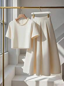 Franclia Ladies' Two-Piece Set, Ladies' Apricot-Colored Round-Neck Short-Sleeved Embroidered Top With Pleated Skirt Set, Elegant Evening Wear For Ladies, Formal Guest Attire For Ladies, Party And Birthday Dresses For Ladies, Stylish And Slim, Embroidered Beads And Pearls For Romantic Dates, Summer Style With Round Neck Top And Long Skirt Set, Casual 2pics. Cream Two Piece Set Elegant Two Piece Set White Skirt And Top Set Modest Two Piece Set Cream Outfit Women - Apricot - View 7