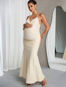 MaterniChic Maternity Dress Summer Pregnant With A Highly Elastic Skirt, Comfortable And Elegant Solid Color Spaghetti Strap Fitted Ruched - Apricot - View 6