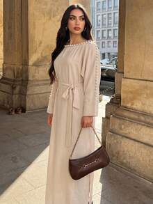 Selianne Vestido Longo Elegante de Estilo Resort Feminino, Cor Sólida com Decoração de Pérola Falsa no Cinto, Primavera/Outono - Damasco - Visão 1
