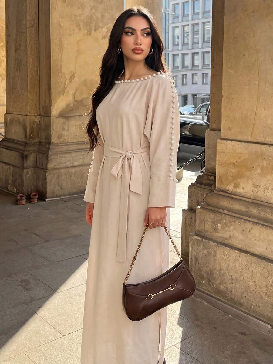 Selianne Vestido Longo Elegante de Estilo Resort Feminino, Cor Sólida com Decoração de Pérola Falsa no Cinto, Primavera/Outono - Damasco - Visão 1