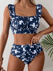 EMERY ROSE 2pcs Women's Summer Beach Elegant Vacation Solid Color Ruffle Strap Pleated Front Top And High Waist Ruched Triangle Bottoms Set - Multicolor - View 5