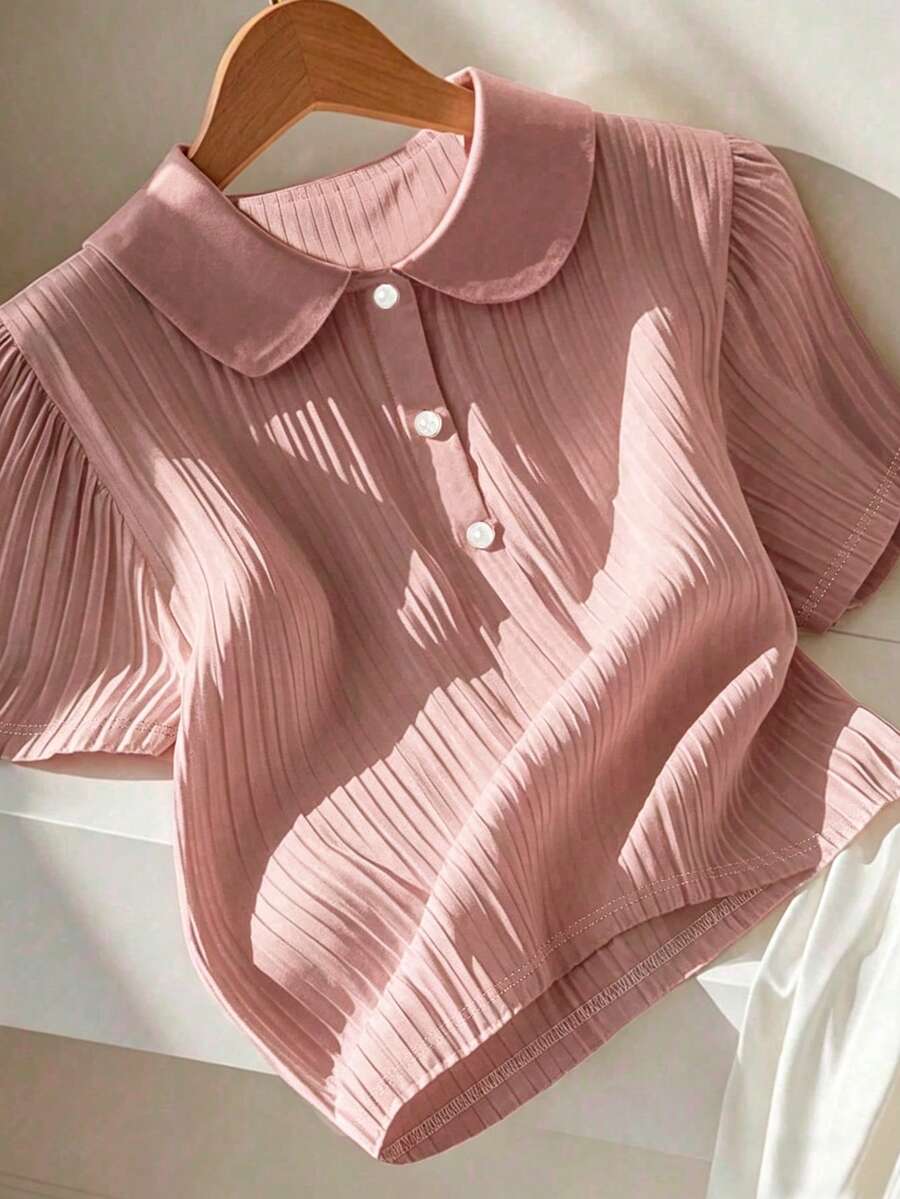 Franclia Kaos Wanita Putih Lengan Pendek Model Longgar Kerah Setengah Tabung Kancing Mutiara, Modis dan Kasual untuk Musim Semi dan Musim Panas - Dusty Pink - View 1
