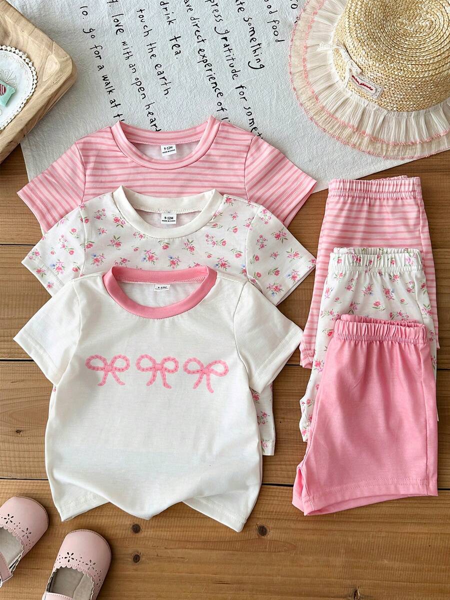 SHEIN 6件套女婴幼儿新生儿0-3岁春夏新款可爱兔子纯色条纹T恤短裤套装 - 彩色 - 查看 1