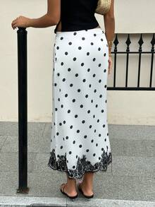 SHEIN EZwear Chân váy nữ thời trang đa năng in họa tiết chấm bi phối ren. - trắng - Xem 2