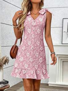 EMERY ROSE Women's V-Neck Ruffle Hem Dress, Made Of 3D Floral Textured Fabric With Floral Embroidered Button Details And Ruffle Hem, Bridesmaid Wedding Guest Cocktail Mini Dress - Pink - View 4