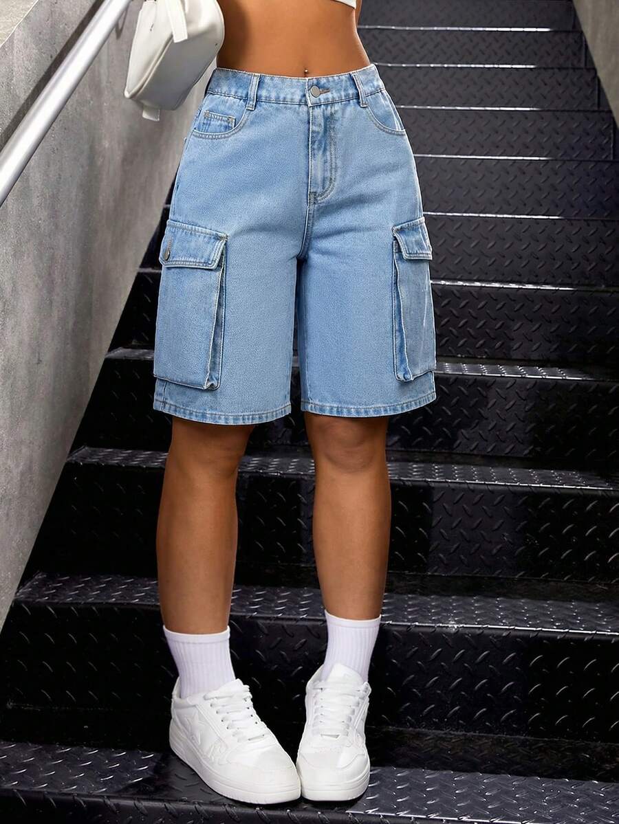 SHEIN 少女宽松蓝色牛仔工装短裤 - 淺色水洗藍 - 查看 1